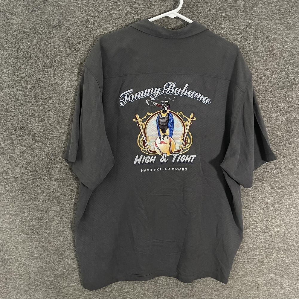 Tommy Bahama Shirt Mens XL Gray Silk Embroidered Baseball Cigar Back Graphic